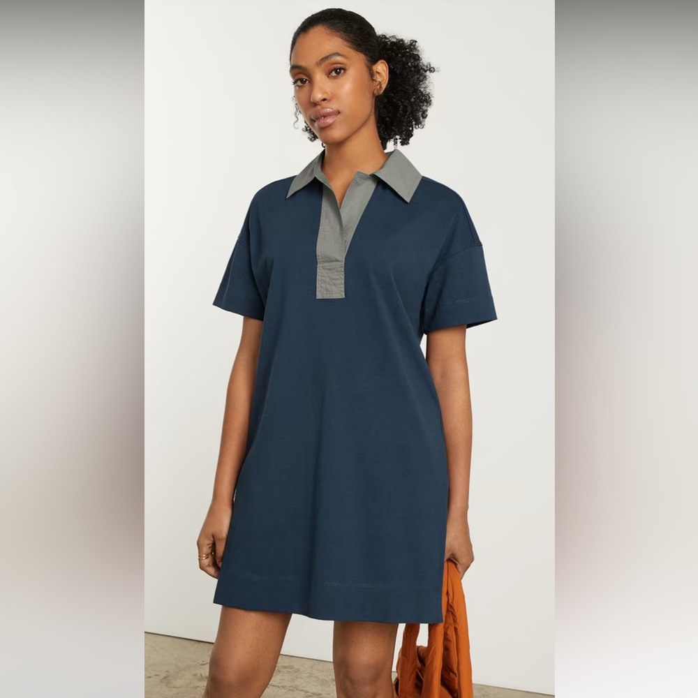 Everlane Organic Cotton Collared Polo Mini Dress sz L Atlantic Blue Grey